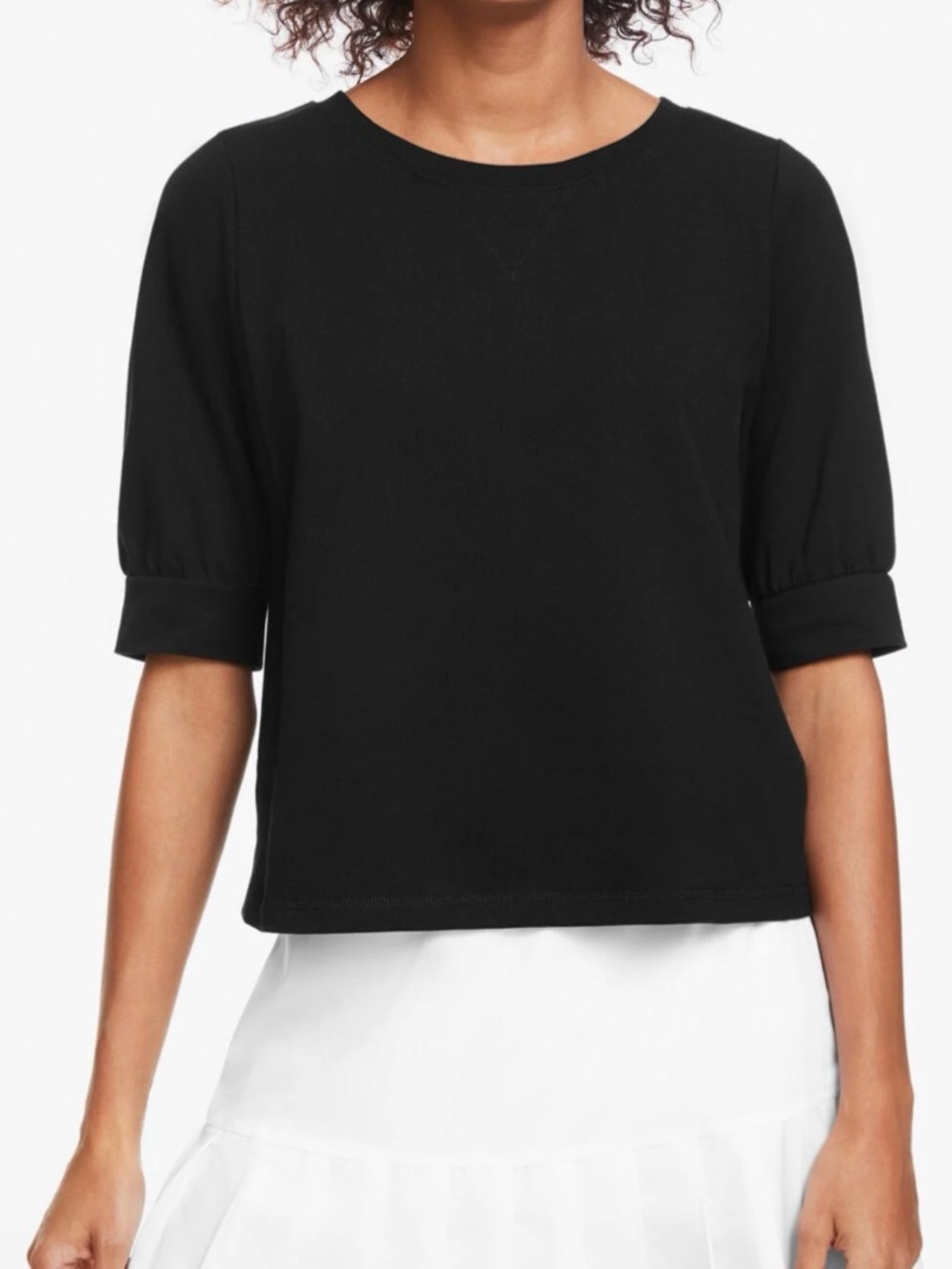 Talbots Black Short Sleeve Crewneck Top with Cuffed, elbow length Sleeves.